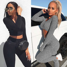 Load image into Gallery viewer, Sexy V Neck Knitted Tracksuit Two Piece Set Autumn Winter Long Sleeves Crop Tops And Long Tight Pants 2 Piece Outfits For Women
