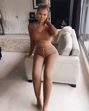 Load image into Gallery viewer, Sexy V Neck Knitted Tracksuit Two Piece Set Autumn Winter Long Sleeves Crop Tops And Long Tight Pants 2 Piece Outfits For Women
