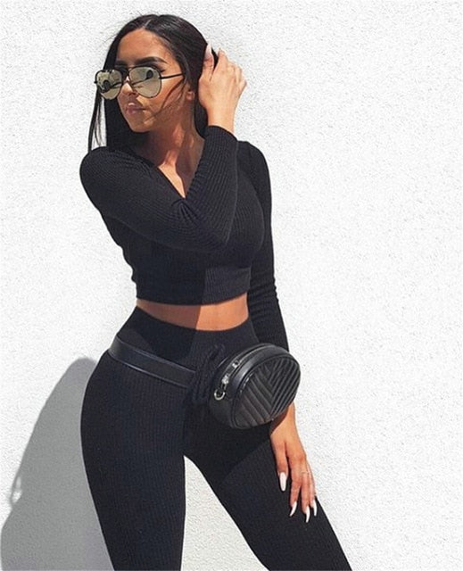 Sexy V Neck Knitted Tracksuit Two Piece Set Autumn Winter Long Sleeves Crop Tops And Long Tight Pants 2 Piece Outfits For Women