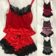 Load image into Gallery viewer, 1Set New Women&#39;s Sleepwear Sexy Satin Pajama Black Lace V-Neck Pyjamas Sleeveless Cute Cami Top and Shorts
