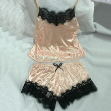 Load image into Gallery viewer, 1Set New Women&#39;s Sleepwear Sexy Satin Pajama Black Lace V-Neck Pyjamas Sleeveless Cute Cami Top and Shorts
