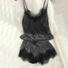 Load image into Gallery viewer, 1Set New Women&#39;s Sleepwear Sexy Satin Pajama Black Lace V-Neck Pyjamas Sleeveless Cute Cami Top and Shorts
