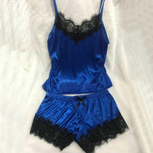 Load image into Gallery viewer, 1Set New Women&#39;s Sleepwear Sexy Satin Pajama Black Lace V-Neck Pyjamas Sleeveless Cute Cami Top and Shorts
