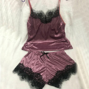 1Set New Women's Sleepwear Sexy Satin Pajama Black Lace V-Neck Pyjamas Sleeveless Cute Cami Top and Shorts
