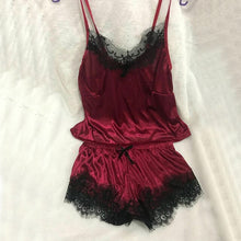 Load image into Gallery viewer, 1Set New Women&#39;s Sleepwear Sexy Satin Pajama Black Lace V-Neck Pyjamas Sleeveless Cute Cami Top and Shorts
