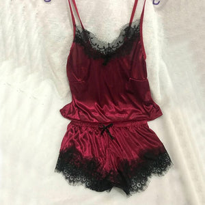1Set New Women's Sleepwear Sexy Satin Pajama Black Lace V-Neck Pyjamas Sleeveless Cute Cami Top and Shorts