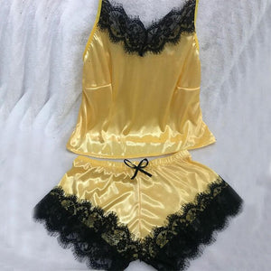 1Set New Women's Sleepwear Sexy Satin Pajama Black Lace V-Neck Pyjamas Sleeveless Cute Cami Top and Shorts
