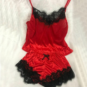 1Set New Women's Sleepwear Sexy Satin Pajama Black Lace V-Neck Pyjamas Sleeveless Cute Cami Top and Shorts