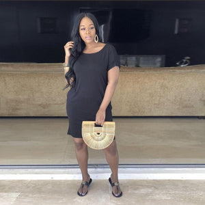 First song Large size women's loose casual O-neck sexy dress 2019New summer knitted black short-sleeved pajamas mini dress XL