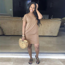Load image into Gallery viewer, First song Large size women&#39;s loose casual O-neck sexy dress 2019New summer knitted black short-sleeved pajamas mini dress XL
