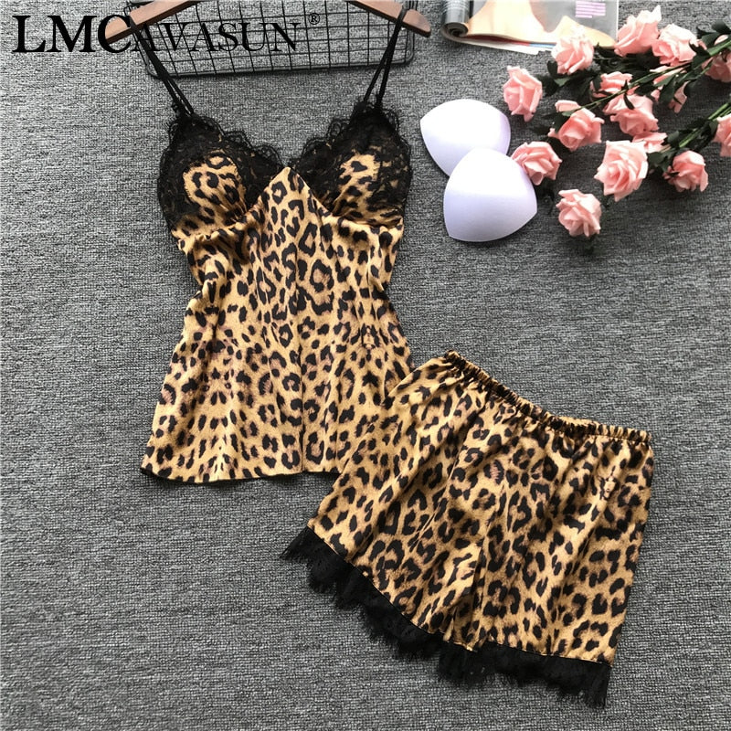 LMCAVASUN high grade silk Lace Insert Leopard Cami Top And Shorts PJ Set Women V-neck Sleeveless Pajamas Spring Sexy Nightwear