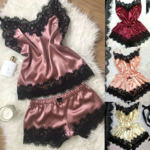 2pcs Women Sexy Satin Lace Sleepwear Babydoll Lingerie Nightdress Pajamas Set