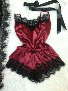 2pcs Women Sexy Satin Lace Sleepwear Babydoll Lingerie Nightdress Pajamas Set